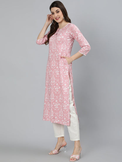 Women Pink Floral Printed Kurta With Three Quarter Sleeves | LASVINI - Redefining Indian Fashion with Elegance