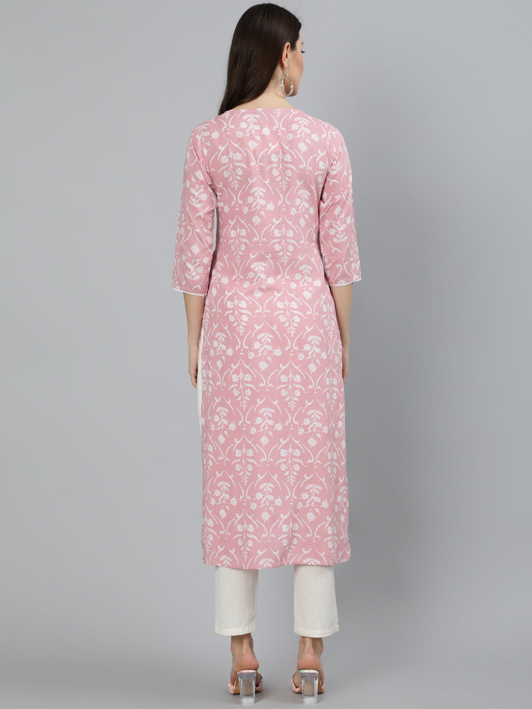 Women Pink Floral Printed Kurta With Three Quarter Sleeves | LASVINI - Redefining Indian Fashion with Elegance