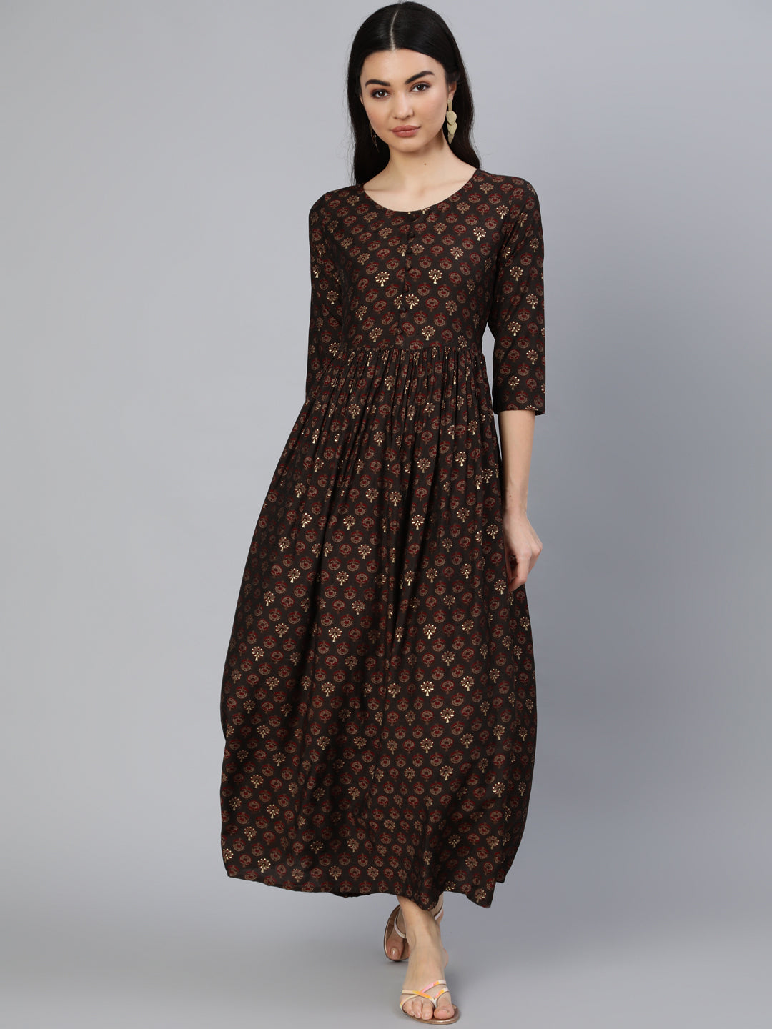 Women Taupe Ethnic Printed Flared Dress | LASVINI - Redefining Indian Fashion with Elegance