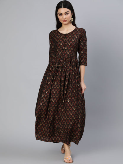 Women Taupe Ethnic Printed Flared Dress | LASVINI - Redefining Indian Fashion with Elegance