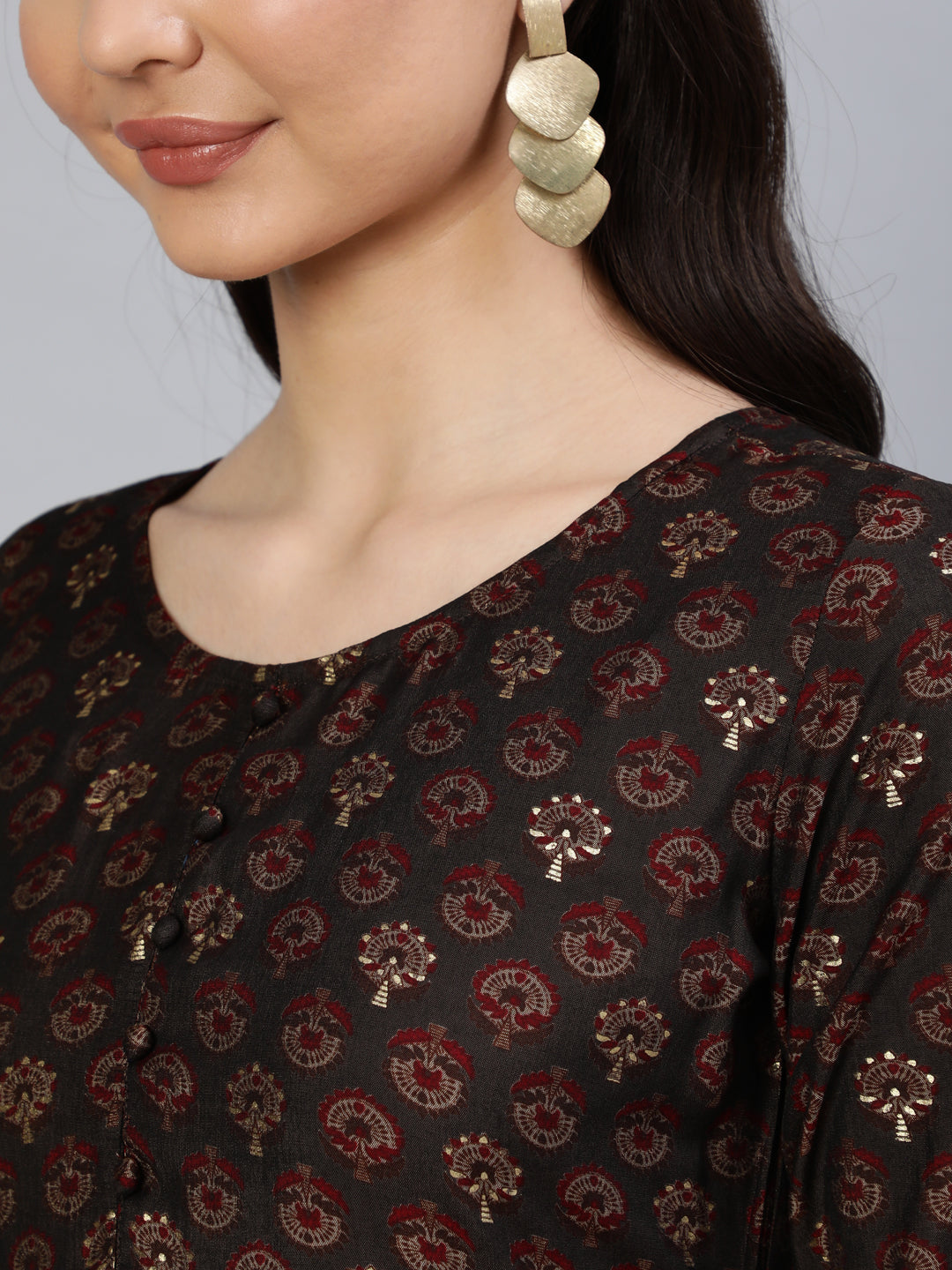 Women Taupe Ethnic Printed Flared Dress | LASVINI - Redefining Indian Fashion with Elegance