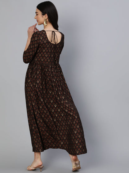 Women Taupe Ethnic Printed Flared Dress | LASVINI - Redefining Indian Fashion with Elegance