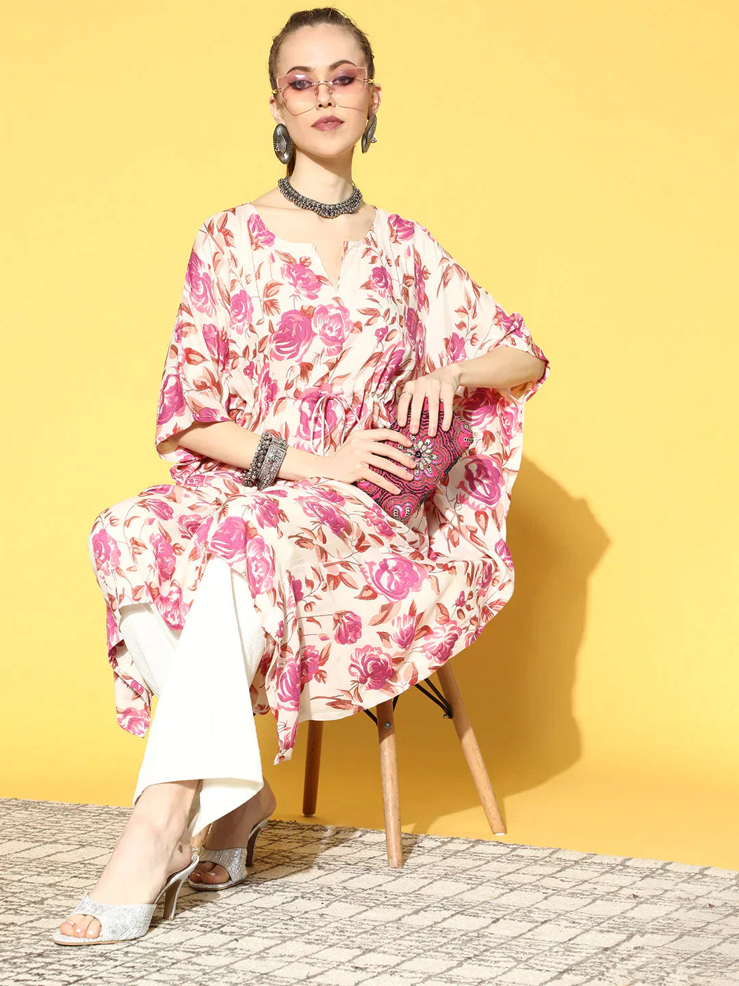 Women Off-White Printed Kaftan Kurta | LASVINI - Redefining Indian Fashion with Elegance