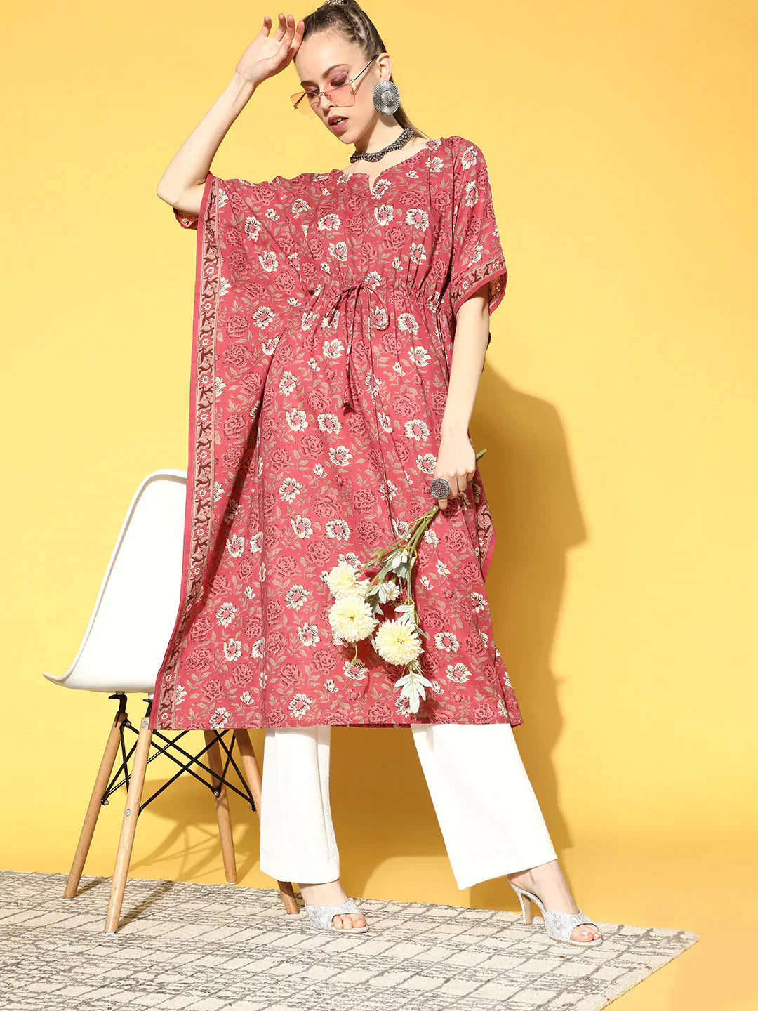 Women Pink Printed Kaftan Kurta | LASVINI - Redefining Indian Fashion with Elegance