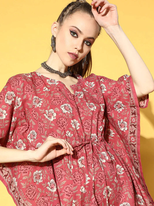 Women Pink Printed Kaftan Kurta | LASVINI - Redefining Indian Fashion with Elegance