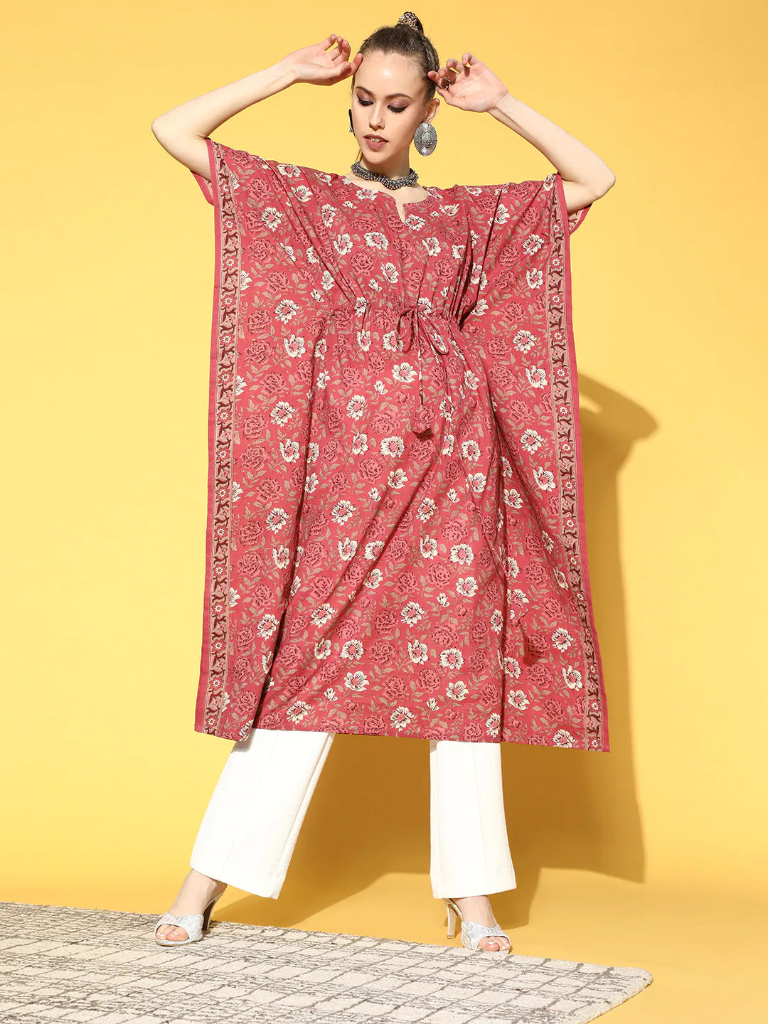 Women Pink Printed Kaftan Kurta | LASVINI - Redefining Indian Fashion with Elegance