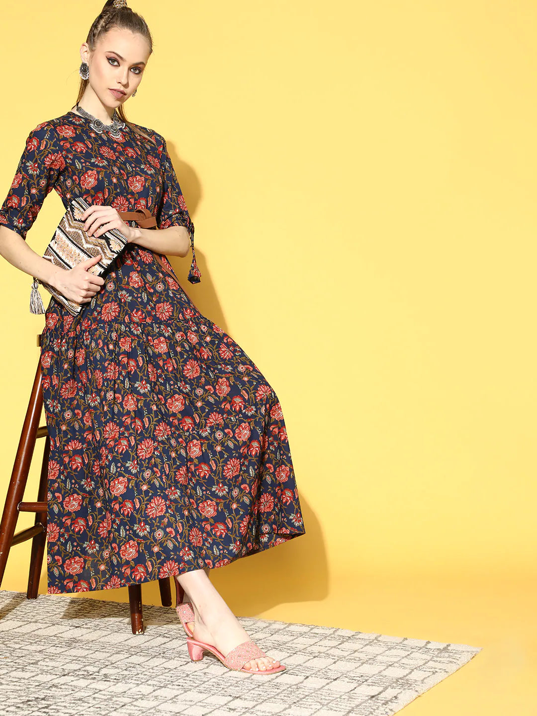 Women Blue Printed Tiered Dress With Tie Up Sleeves | LASVINI - Redefining Indian Fashion with Elegance