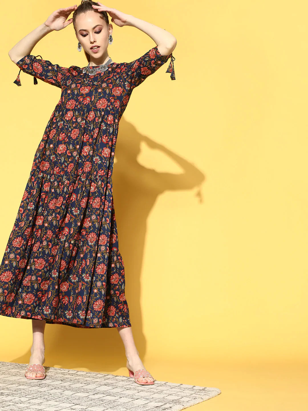 Women Blue Printed Tiered Dress With Tie Up Sleeves | LASVINI - Redefining Indian Fashion with Elegance