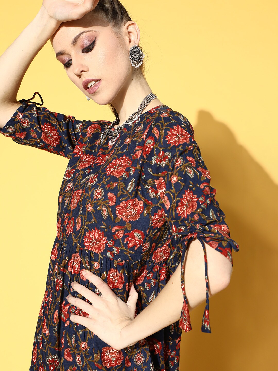 Women Blue Printed Tiered Dress With Tie Up Sleeves | LASVINI - Redefining Indian Fashion with Elegance