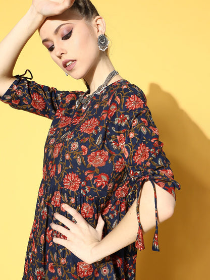 Women Blue Printed Tiered Dress With Tie Up Sleeves | LASVINI - Redefining Indian Fashion with Elegance