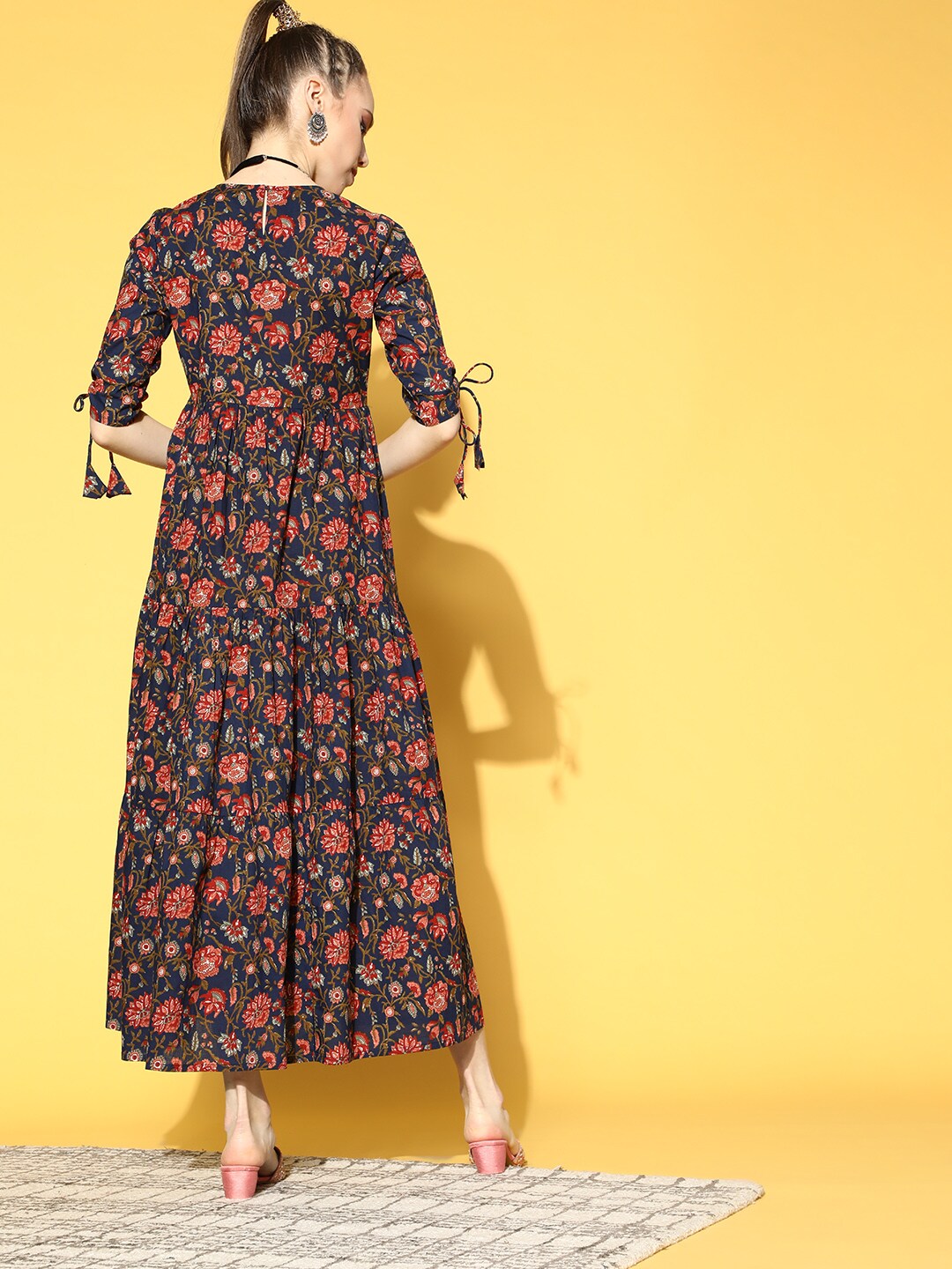 Women Blue Printed Tiered Dress With Tie Up Sleeves | LASVINI - Redefining Indian Fashion with Elegance