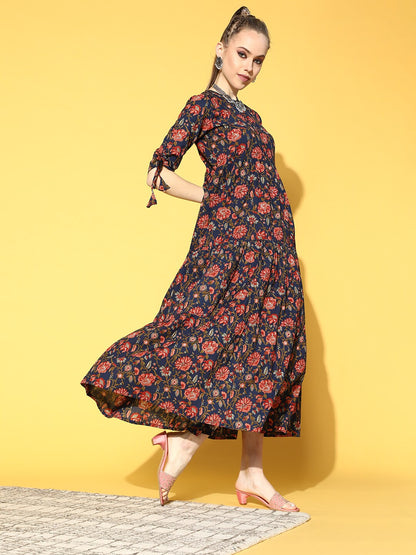 Women Blue Printed Tiered Dress With Tie Up Sleeves | LASVINI - Redefining Indian Fashion with Elegance