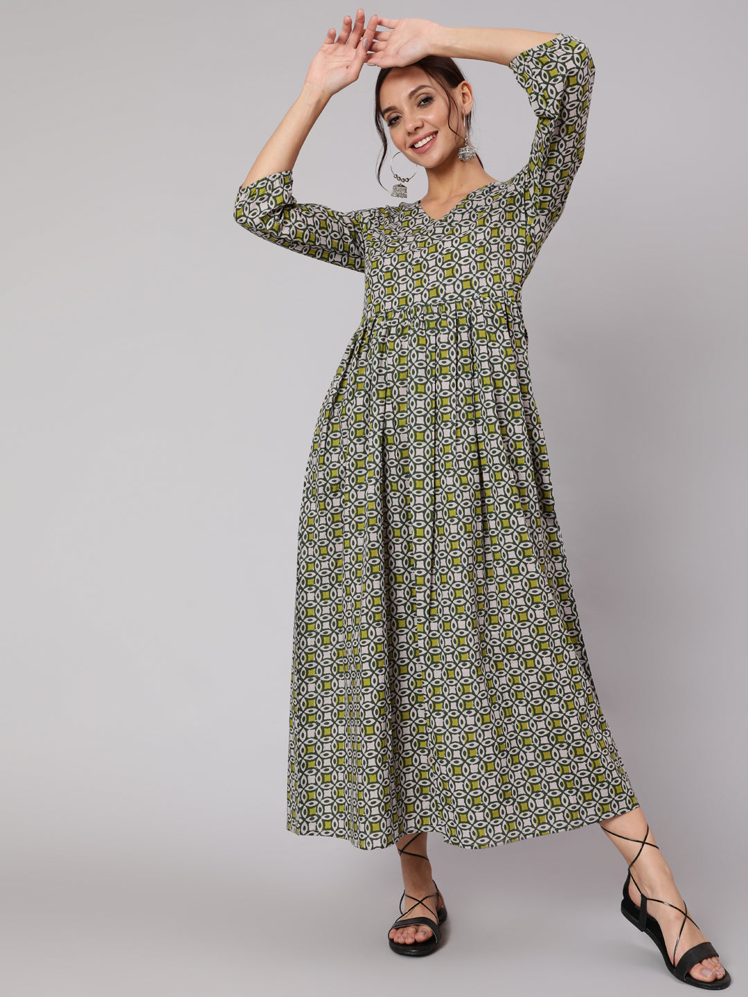 Women Grey Abstrac Printed Gathered Dress With Three Quarter Sleeves | LASVINI - Redefining Indian Fashion with Elegance