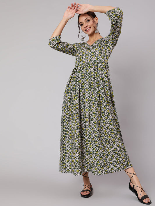 Women Grey Abstrac Printed Gathered Dress With Three Quarter Sleeves | LASVINI - Redefining Indian Fashion with Elegance