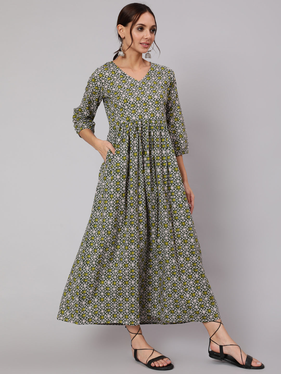 Women Grey Abstrac Printed Gathered Dress With Three Quarter Sleeves | LASVINI - Redefining Indian Fashion with Elegance