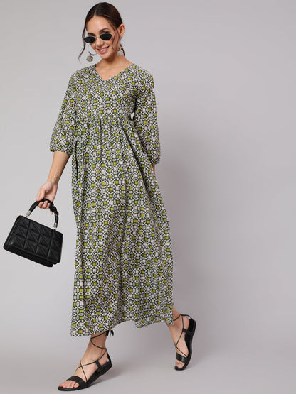 Women Grey Abstrac Printed Gathered Dress With Three Quarter Sleeves | LASVINI - Redefining Indian Fashion with Elegance