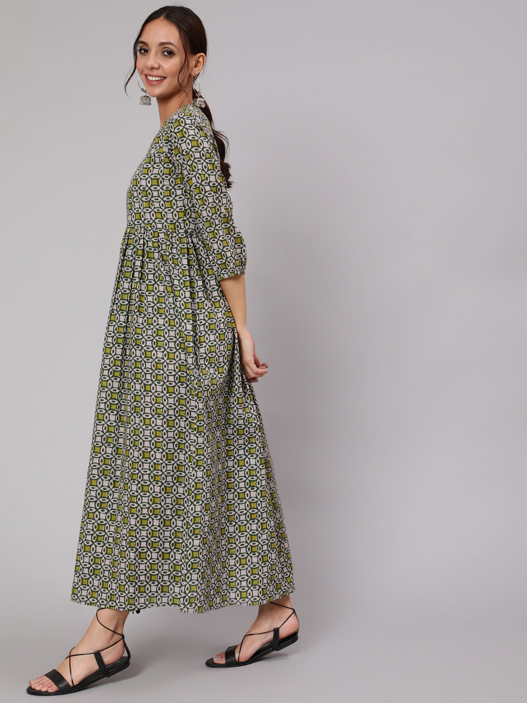 Women Grey Abstrac Printed Gathered Dress With Three Quarter Sleeves | LASVINI - Redefining Indian Fashion with Elegance