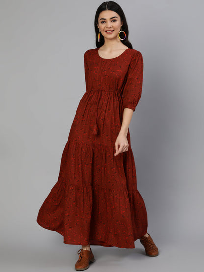 Women Maroon Printed Tiered Dress With Three Quarter Sleeves | LASVINI - Redefining Indian Fashion with Elegance