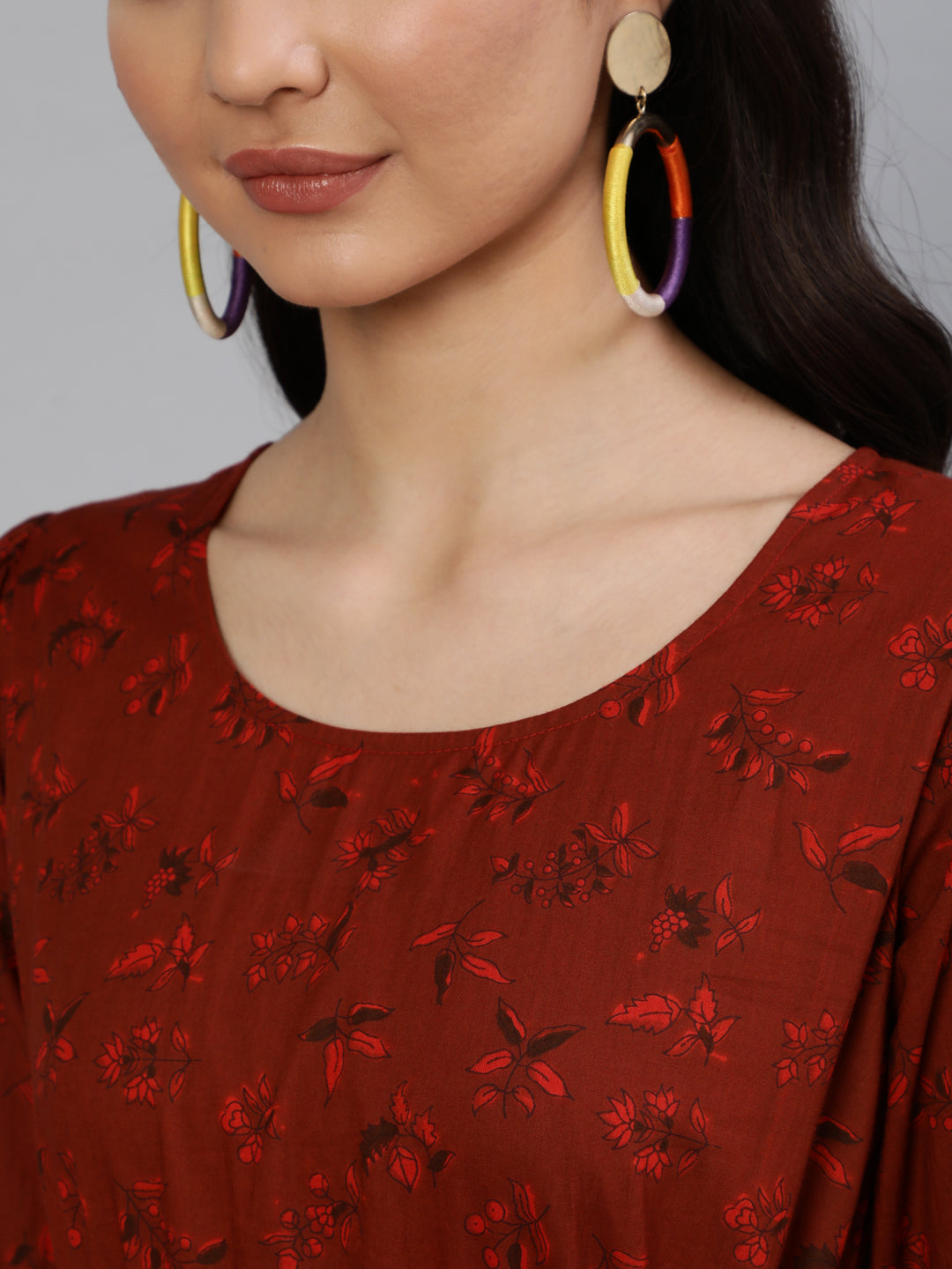 Women Maroon Printed Tiered Dress With Three Quarter Sleeves | LASVINI - Redefining Indian Fashion with Elegance