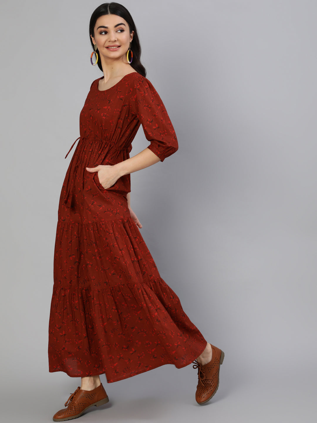 Women Maroon Printed Tiered Dress With Three Quarter Sleeves | LASVINI - Redefining Indian Fashion with Elegance