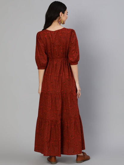 Women Maroon Printed Tiered Dress With Three Quarter Sleeves | LASVINI - Redefining Indian Fashion with Elegance