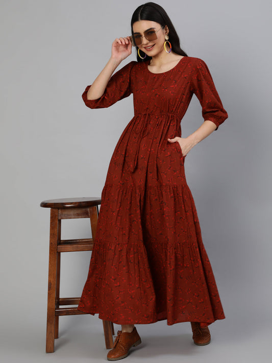 Women Maroon Printed Tiered Dress With Three Quarter Sleeves | LASVINI - Redefining Indian Fashion with Elegance