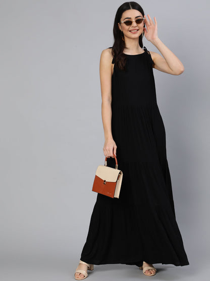 Women Black Halter Neck Tiered Dress | LASVINI - Redefining Indian Fashion with Elegance