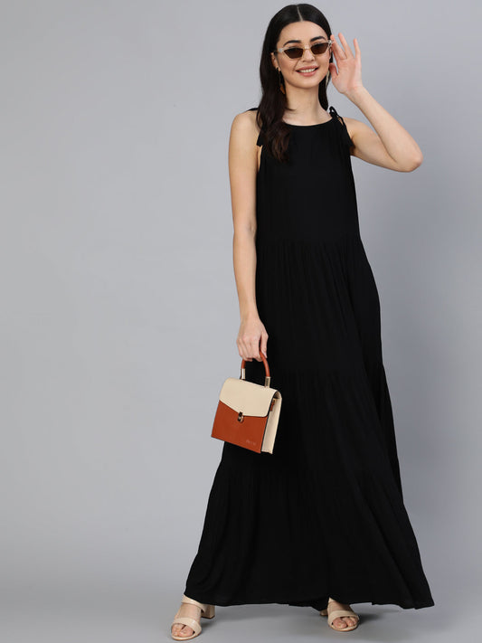 Women Black Halter Neck Tiered Dress | LASVINI - Redefining Indian Fashion with Elegance