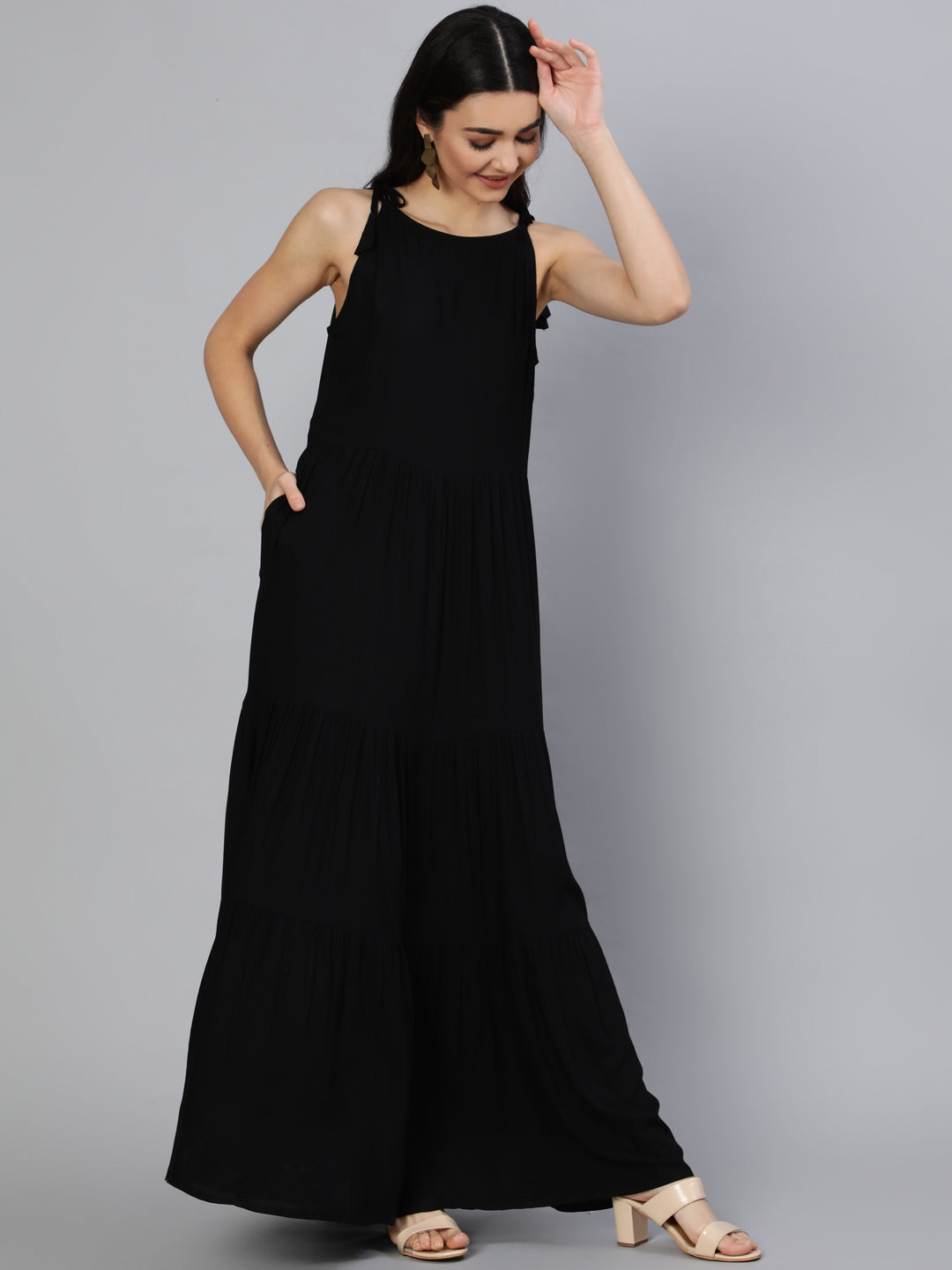 Women Black Halter Neck Tiered Dress | LASVINI - Redefining Indian Fashion with Elegance
