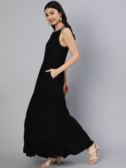 Women Black Halter Neck Tiered Dress | LASVINI - Redefining Indian Fashion with Elegance