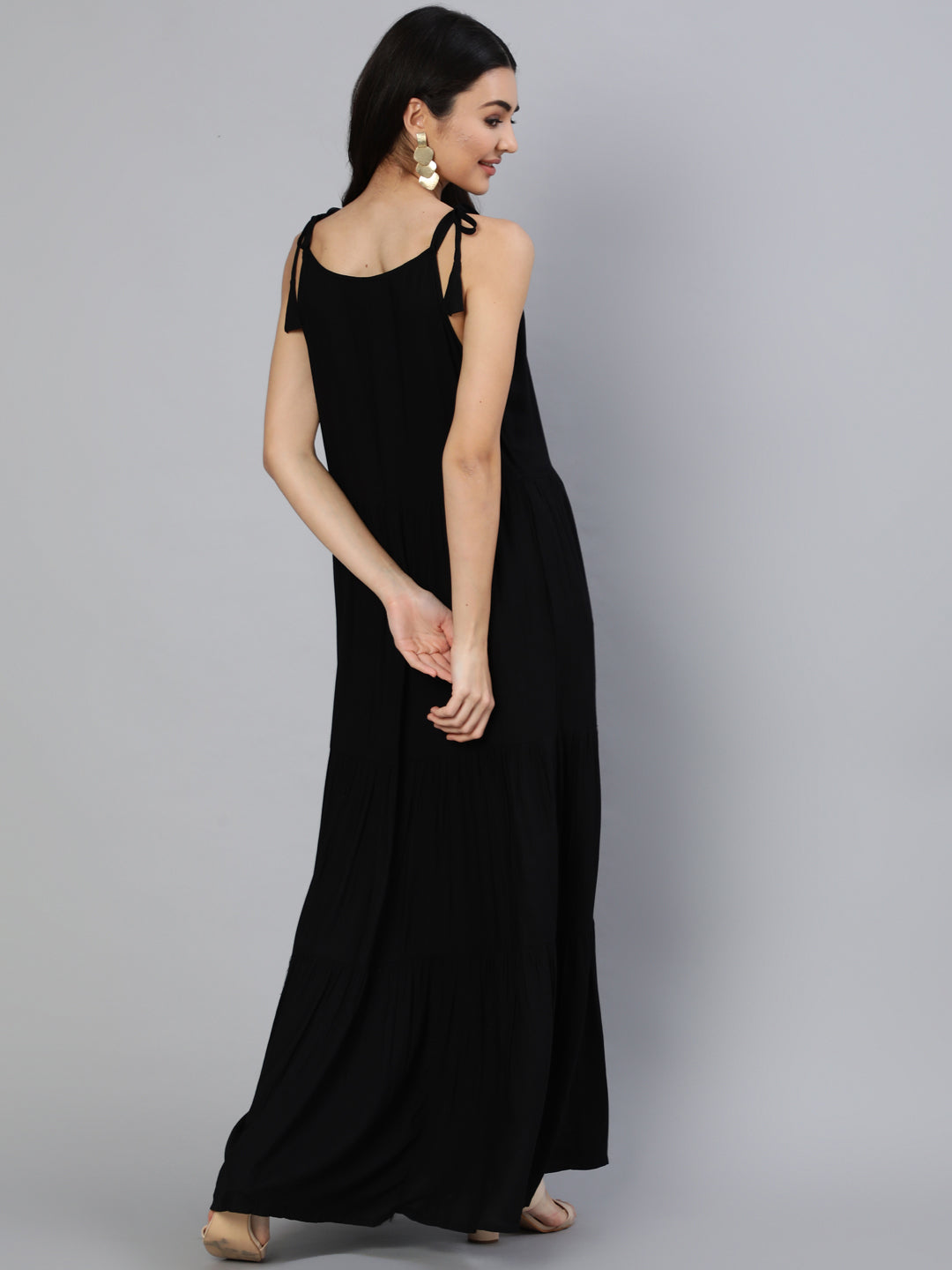 Women Black Halter Neck Tiered Dress | LASVINI - Redefining Indian Fashion with Elegance