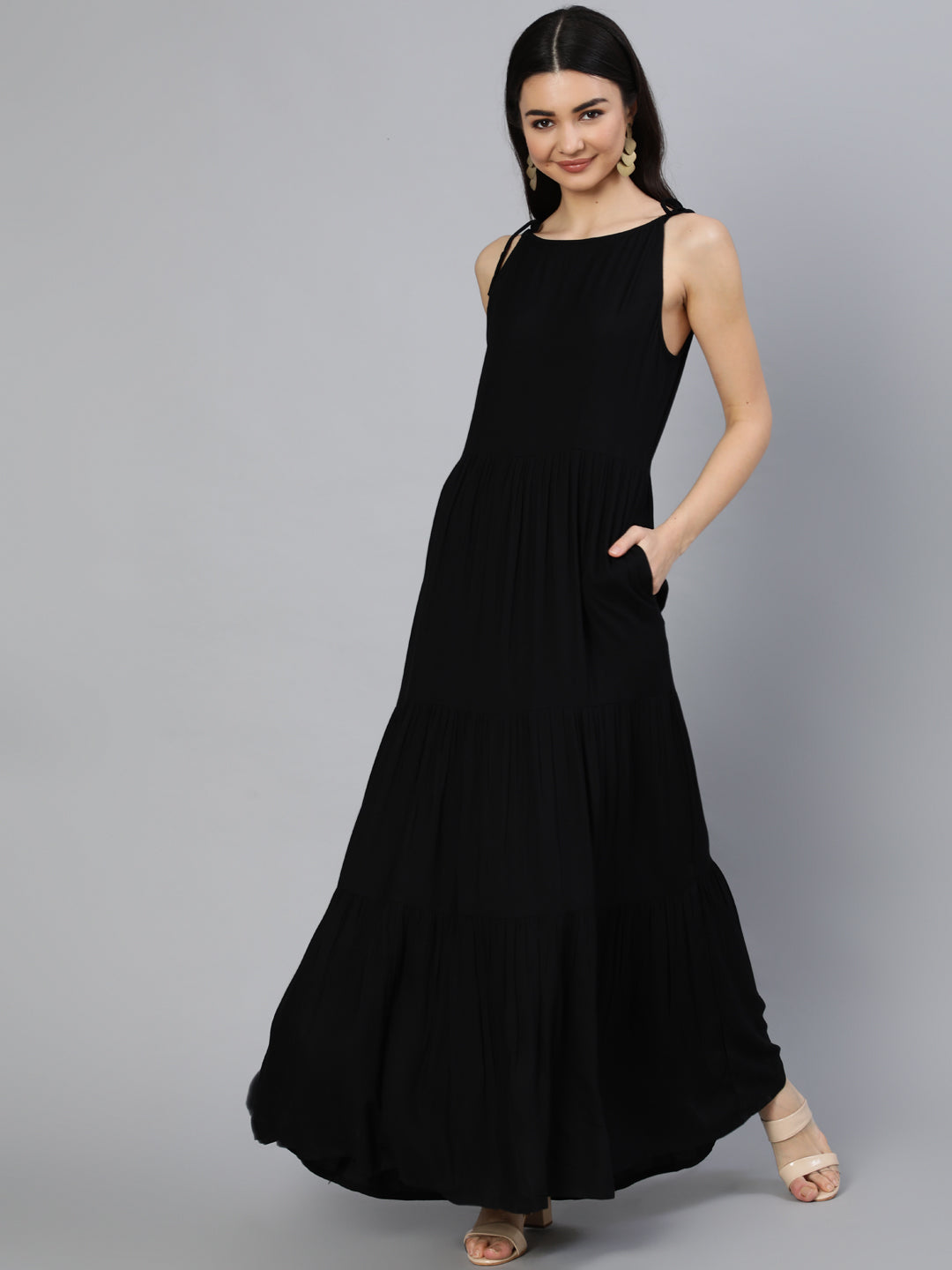Women Black Halter Neck Tiered Dress | LASVINI - Redefining Indian Fashion with Elegance