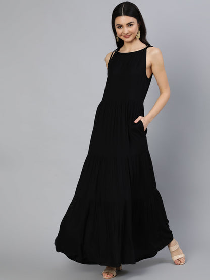 Women Black Halter Neck Tiered Dress | LASVINI - Redefining Indian Fashion with Elegance