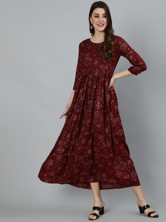 Women Maroon Ethnic Motif Printed Dress With Three Quarter Sleeves | LASVINI - Redefining Indian Fashion with Elegance