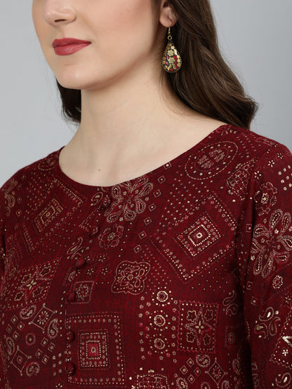 Women Maroon Ethnic Motif Printed Dress With Three Quarter Sleeves | LASVINI - Redefining Indian Fashion with Elegance