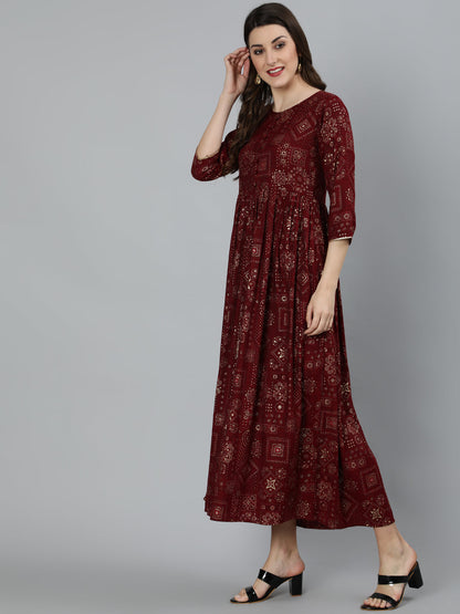 Women Maroon Ethnic Motif Printed Dress With Three Quarter Sleeves | LASVINI - Redefining Indian Fashion with Elegance