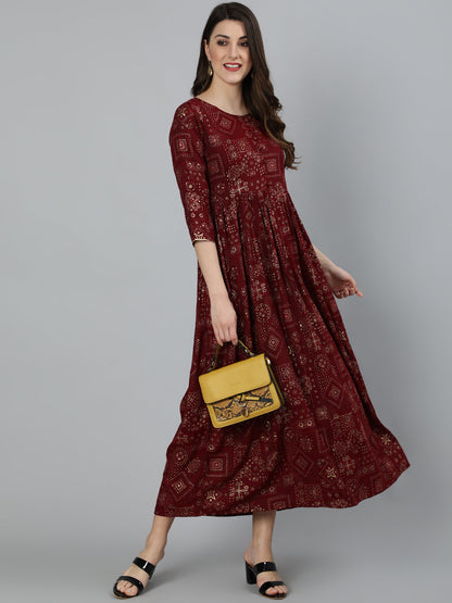 Women Maroon Ethnic Motif Printed Dress With Three Quarter Sleeves | LASVINI - Redefining Indian Fashion with Elegance