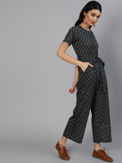 Women Green Printed Jumpsuit With Side Pockets | LASVINI - Redefining Indian Fashion with Elegance