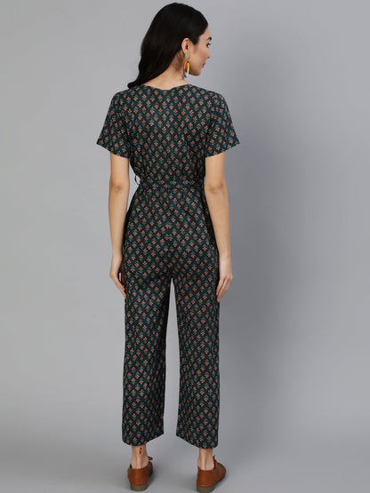 Women Green Printed Jumpsuit With Side Pockets | LASVINI - Redefining Indian Fashion with Elegance