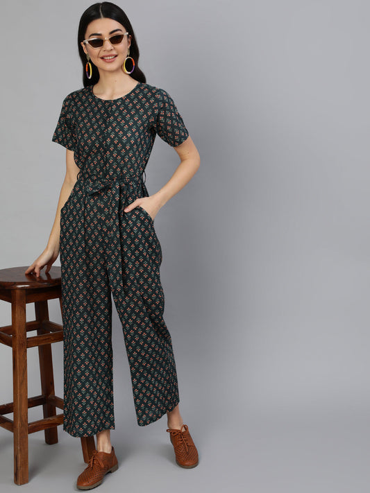 Women Green Printed Jumpsuit With Side Pockets | LASVINI - Redefining Indian Fashion with Elegance