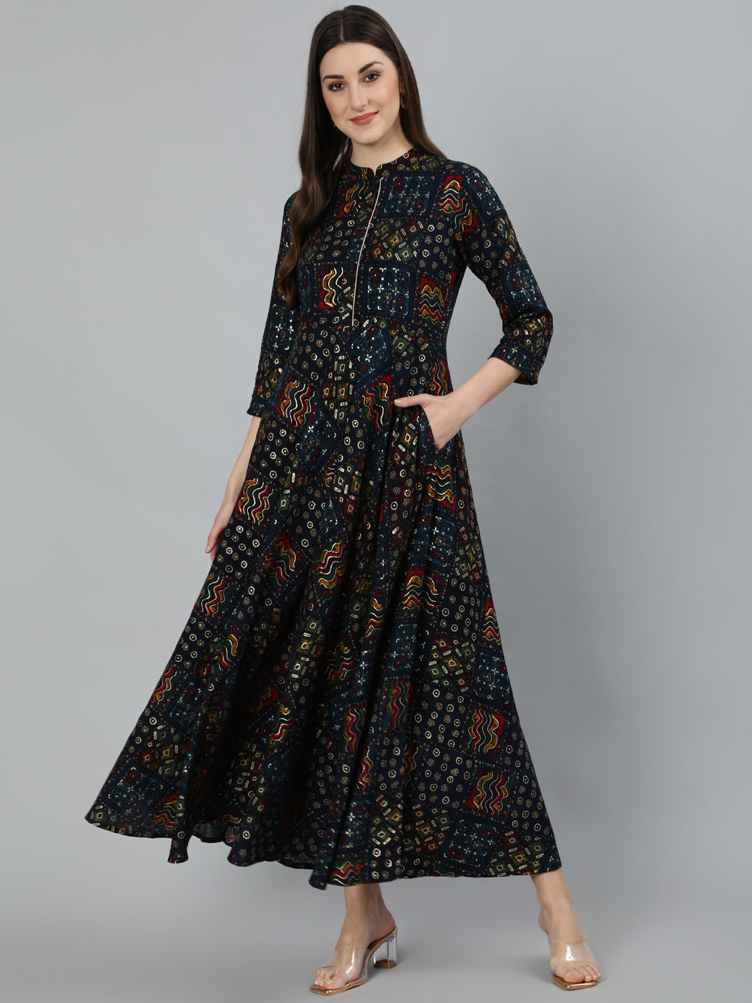 Women Navy Blue Geometric Printed Dress With Three Quarter Sleeves | LASVINI - Redefining Indian Fashion with Elegance