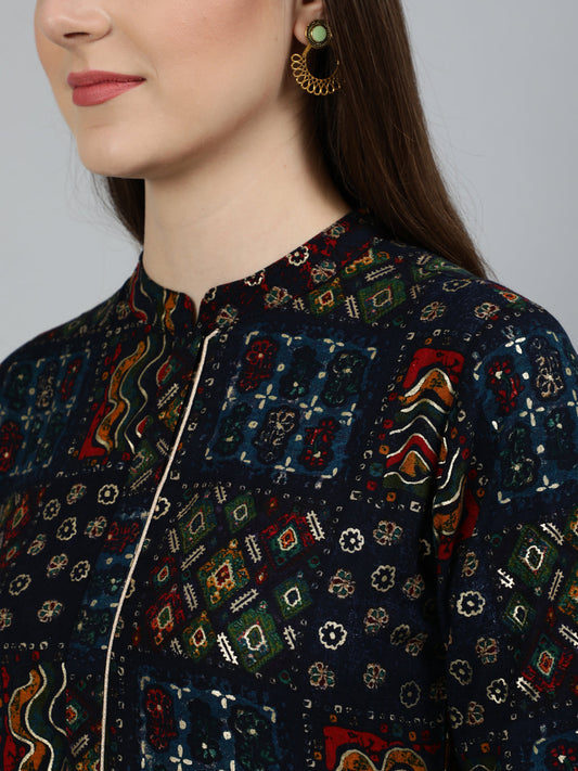 Women Navy Blue Geometric Printed Dress With Three Quarter Sleeves | LASVINI - Redefining Indian Fashion with Elegance