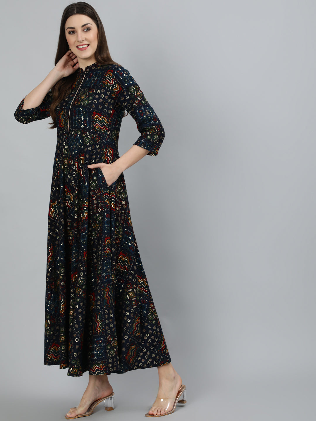 Women Navy Blue Geometric Printed Dress With Three Quarter Sleeves | LASVINI - Redefining Indian Fashion with Elegance