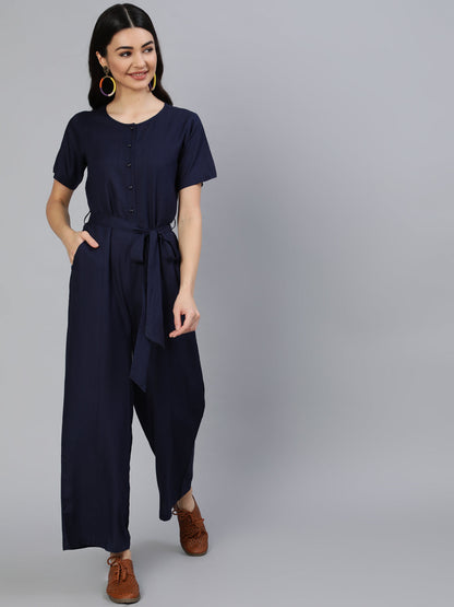 Women Navy Blue Jumpsuit With Side Pockets | LASVINI - Redefining Indian Fashion with Elegance