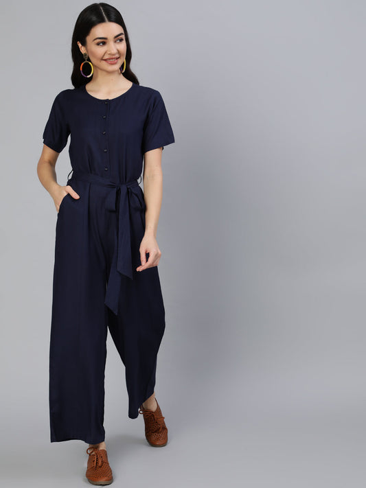 Women Navy Blue Jumpsuit With Side Pockets | LASVINI - Redefining Indian Fashion with Elegance