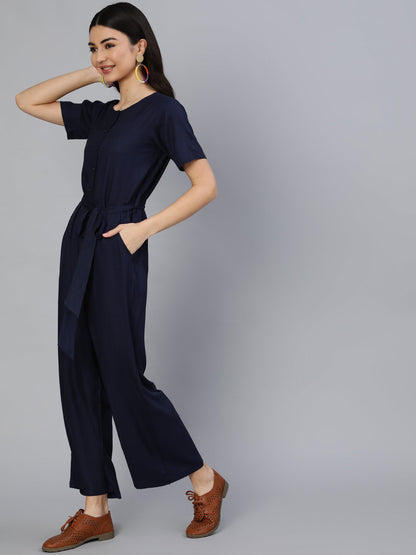 Women Navy Blue Jumpsuit With Side Pockets | LASVINI - Redefining Indian Fashion with Elegance