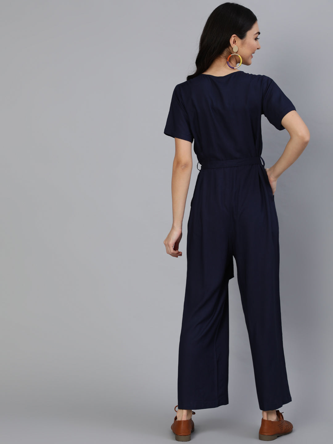 Women Navy Blue Jumpsuit With Side Pockets | LASVINI - Redefining Indian Fashion with Elegance
