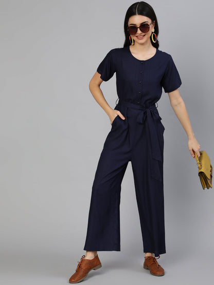 Women Navy Blue Jumpsuit With Side Pockets | LASVINI - Redefining Indian Fashion with Elegance