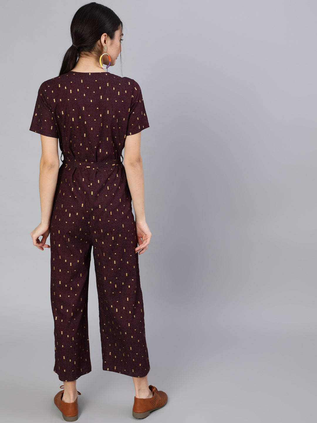 Women Burgundy Printed Jumpsuit With Side Pockets | LASVINI - Redefining Indian Fashion with Elegance
