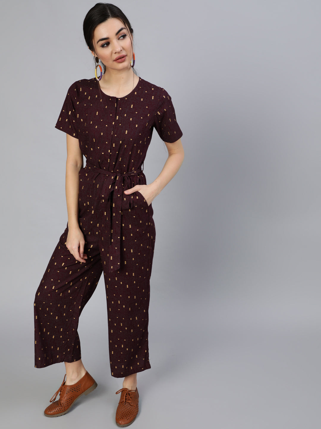 Women Burgundy Printed Jumpsuit With Side Pockets | LASVINI - Redefining Indian Fashion with Elegance